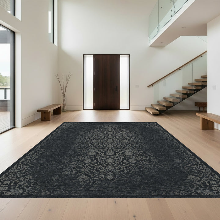 Dark Gray Damask Floral Art Nouveau Rug