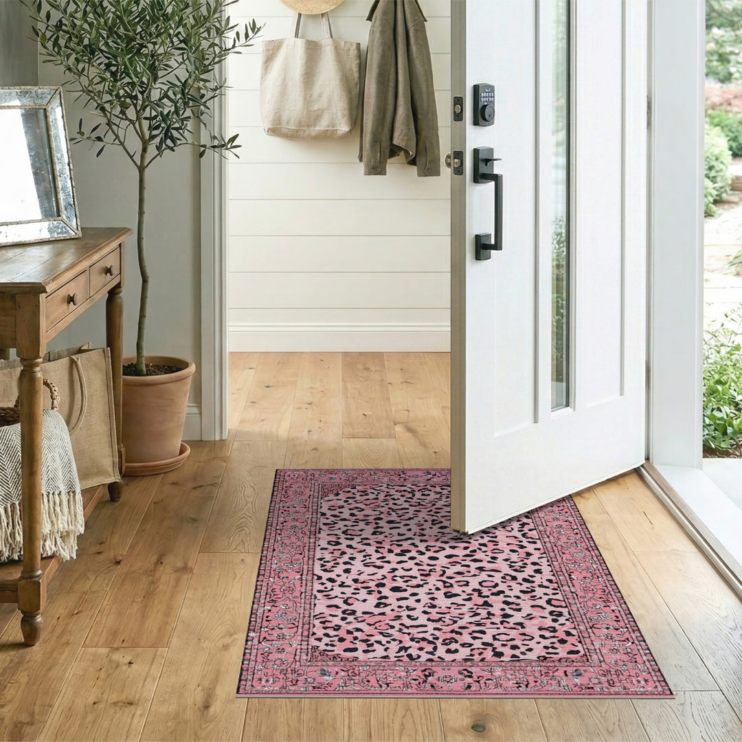 Pink Leopard Print Area Rug with Floral Border
