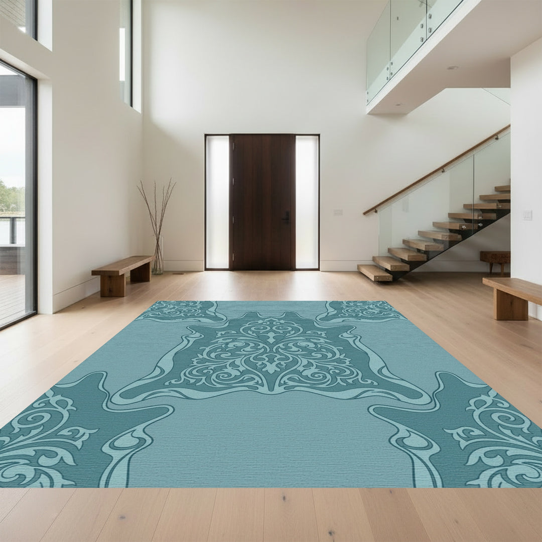 Teal Ornate Scrollwork Damask Medallion Rug