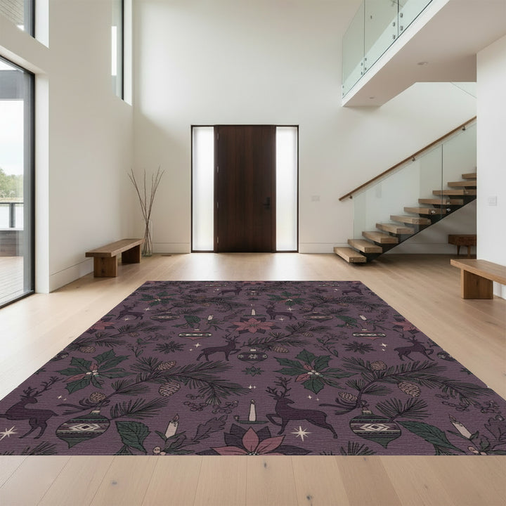 Vintage Christmas Deer Poinsettia Ornaments Rug