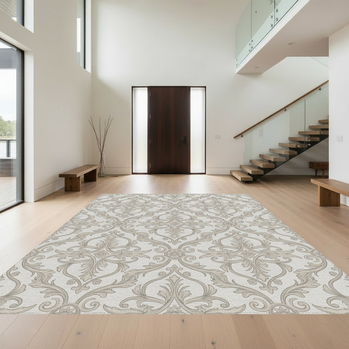 Ornate Tan Floral Damask Rug