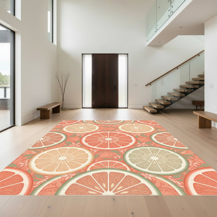 Coral Citrus Slice Botanical Arrangement Rug
