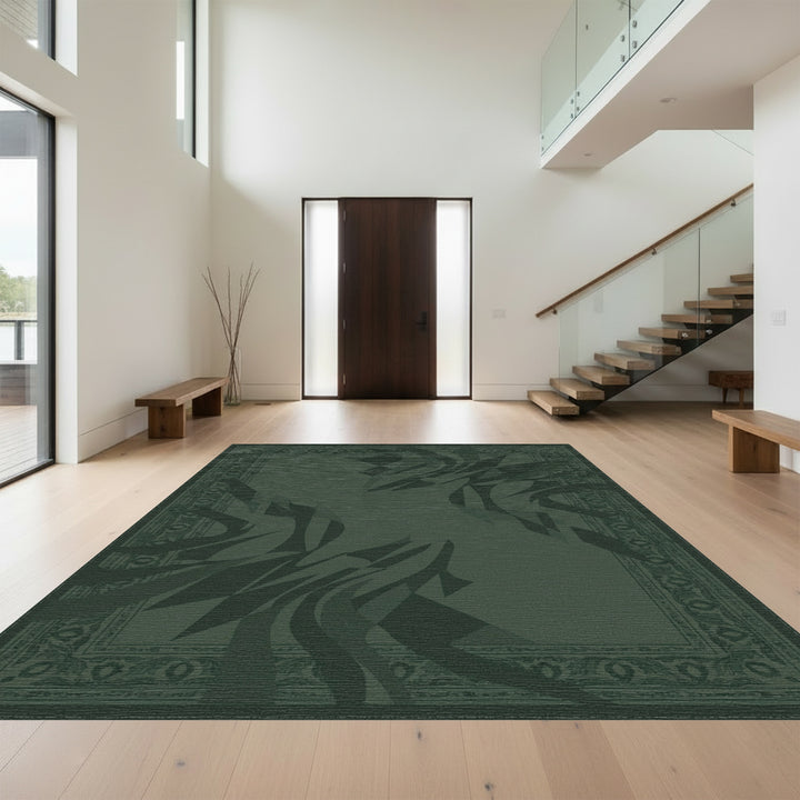 Deep Green Abstract Swirl Border Rug