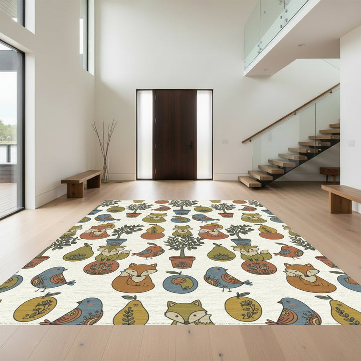 Whimsical Woodland Creatures And Olive Trees Rug