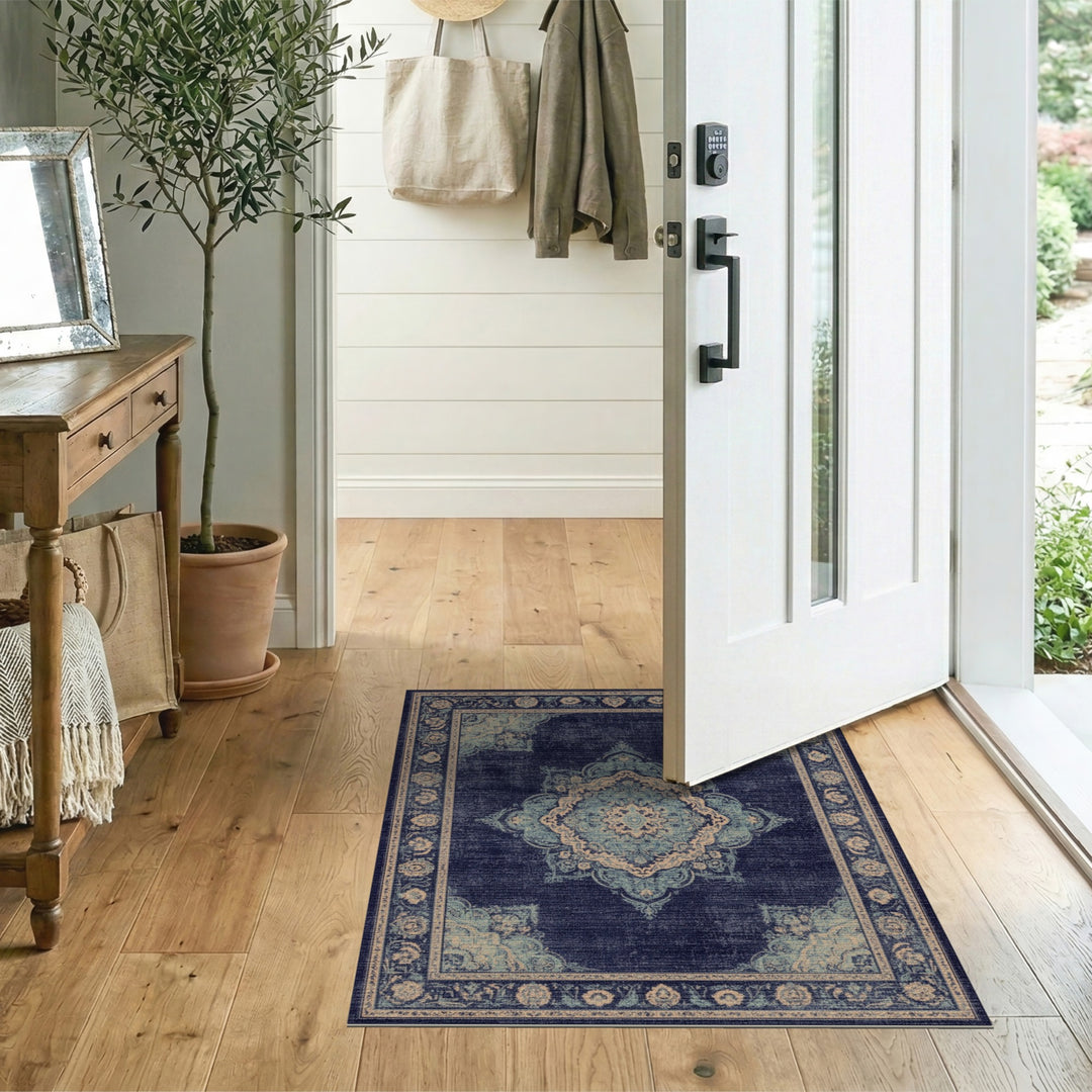 Blue Teal Distressed Vintage Medallion Rug