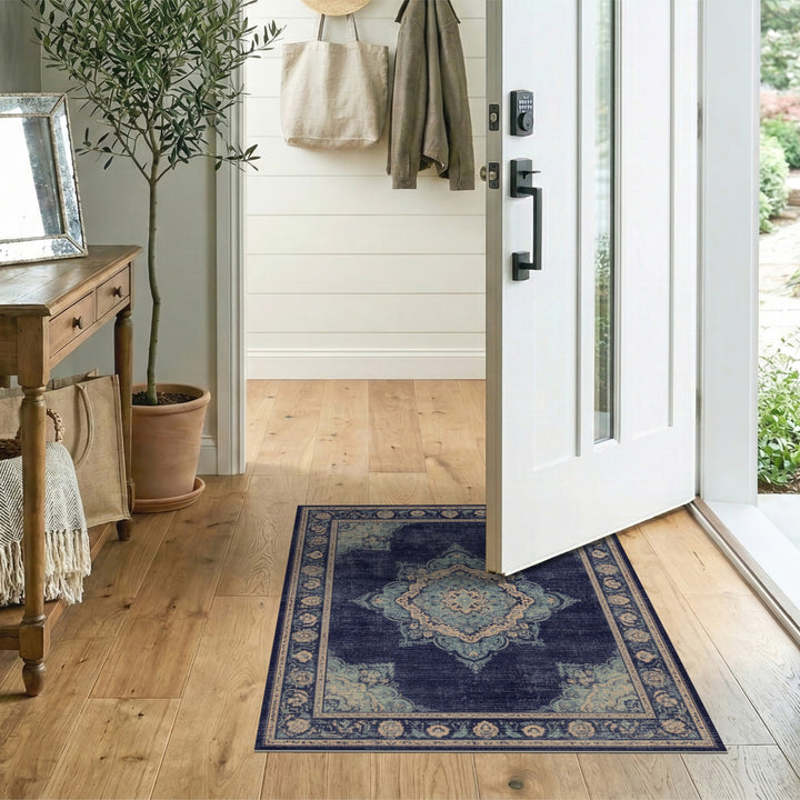 Blue Teal Distressed Vintage Medallion Rug
