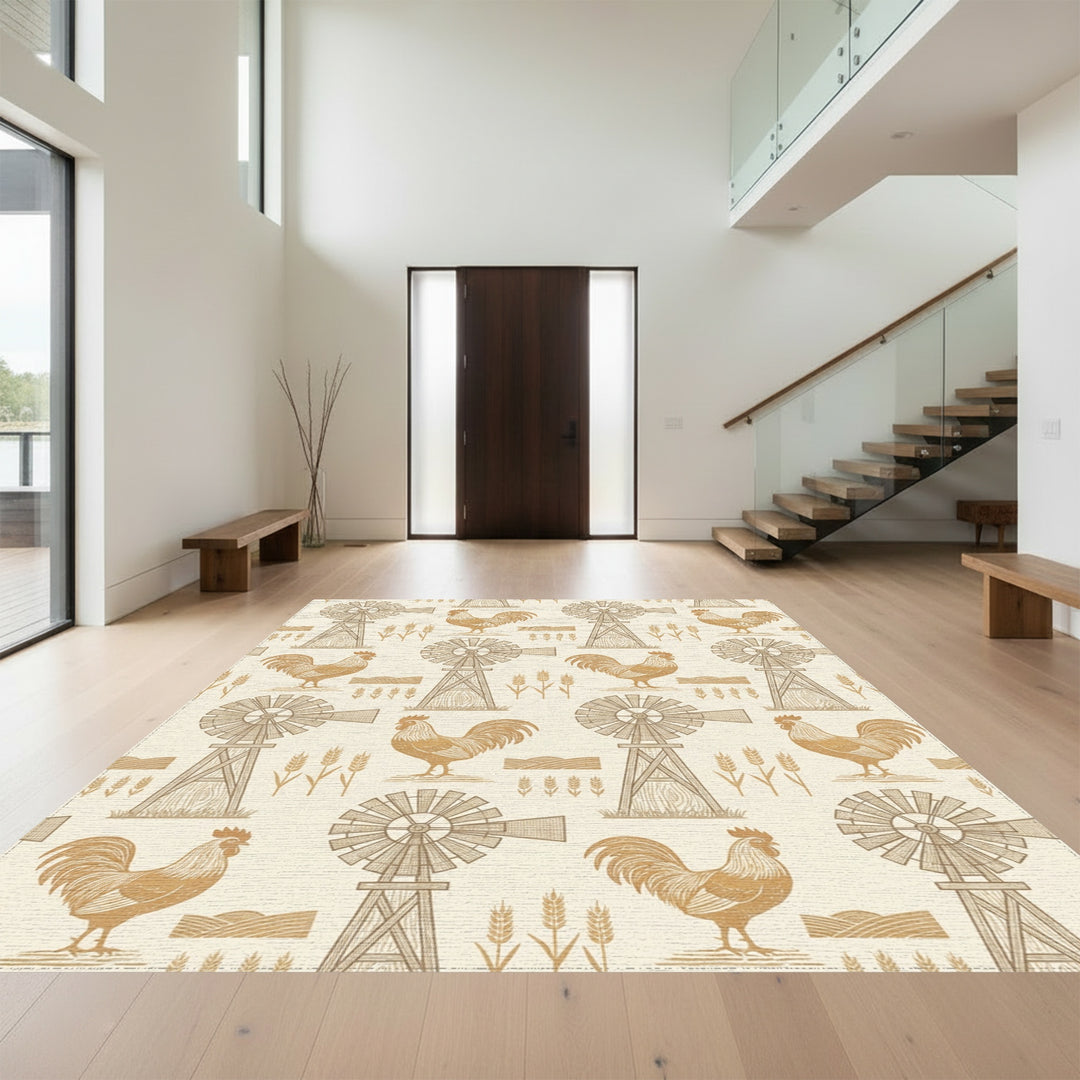 Golden Rooster Windmill Wheat Field Rug