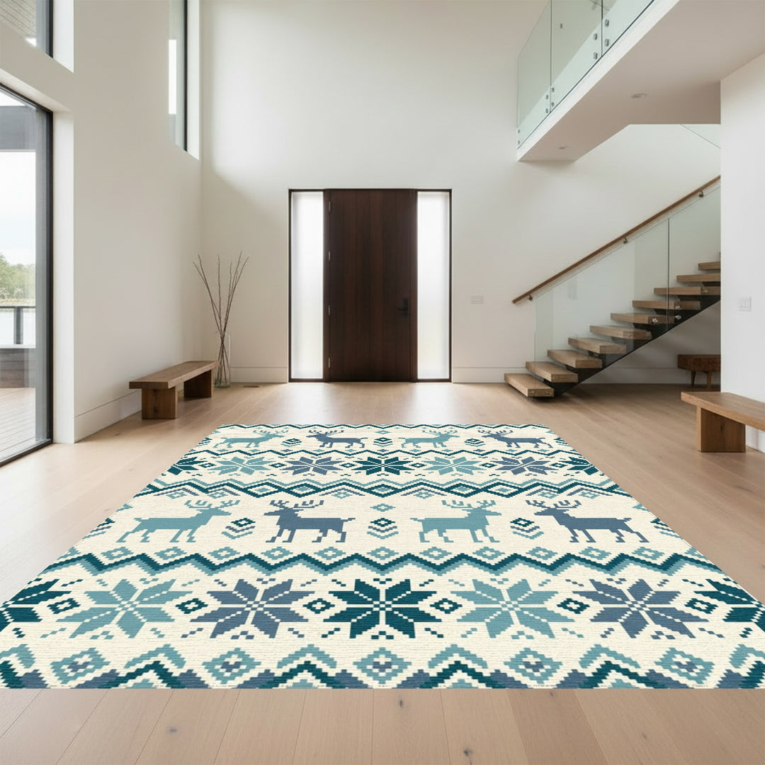 Blue Teal Fair Isle Deer Snowflakes Rug