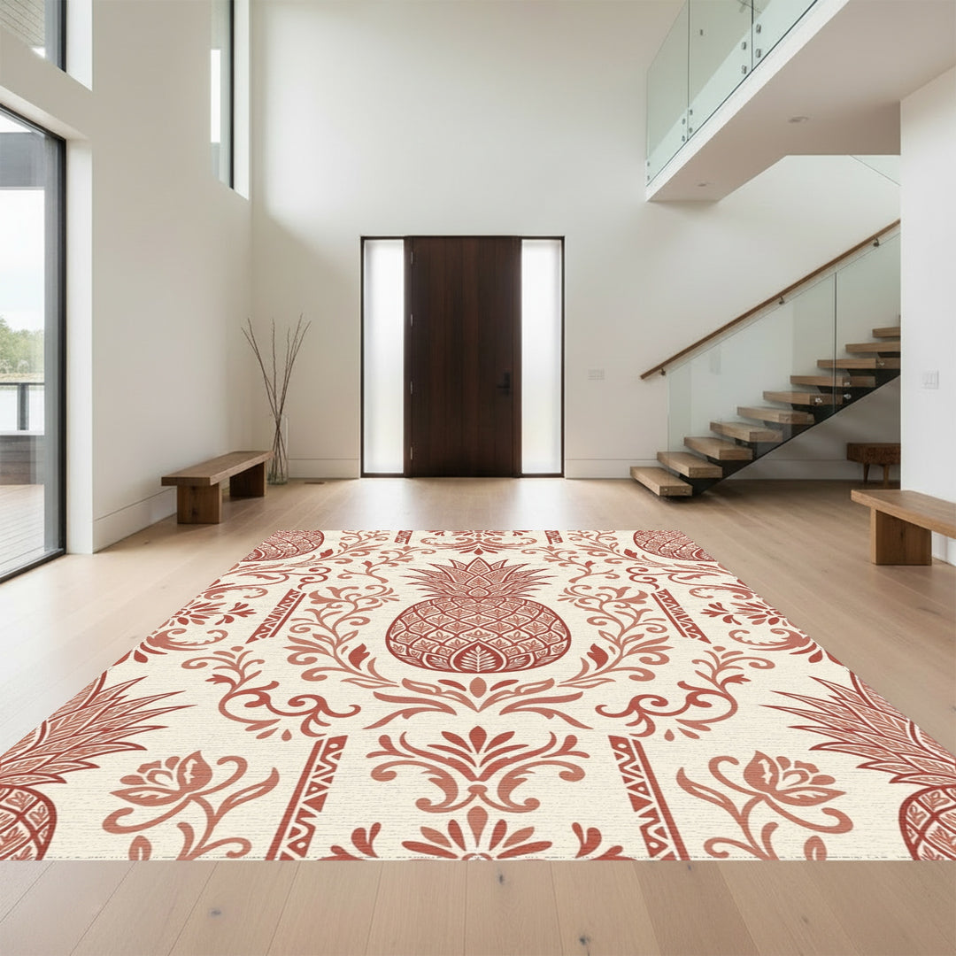 Rustic Red Pineapple Floral Scroll Rug