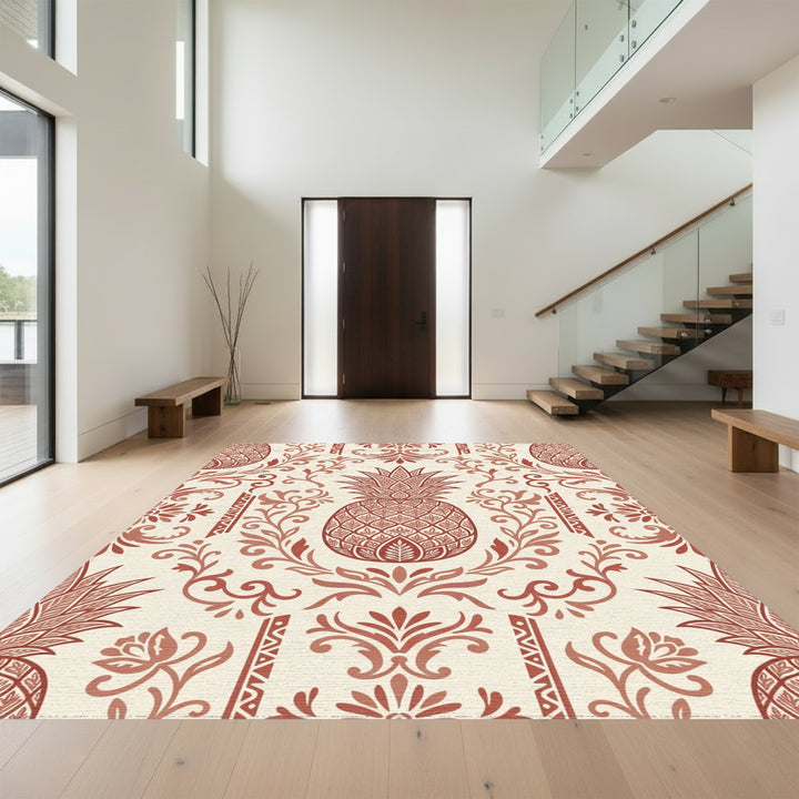 Rustic Red Pineapple Floral Scroll Rug