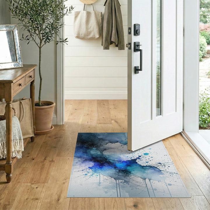 Blue Teal Abstract Ink Area Rug
