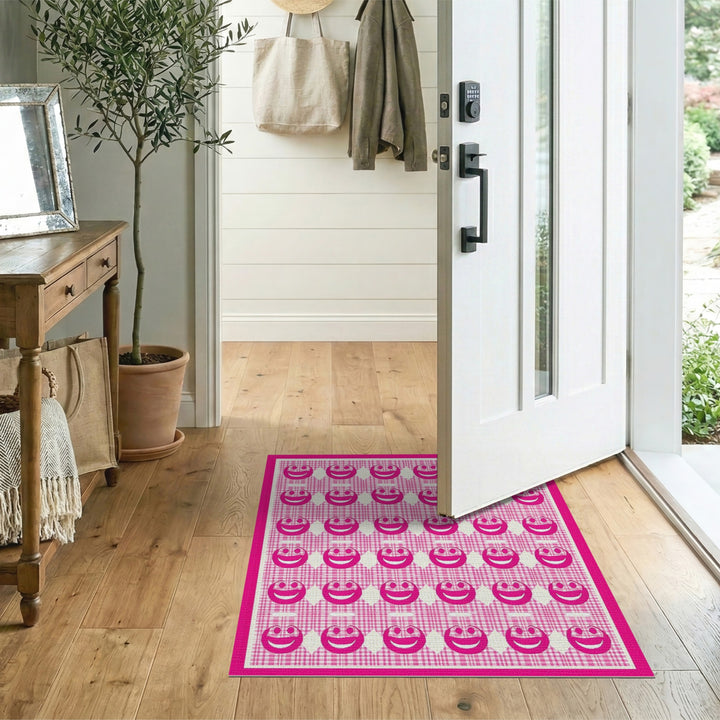 Pink Smiley Face Gingham Kids Area Rug