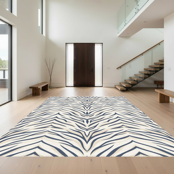 Cream And Navy Tiger Stripe Rug