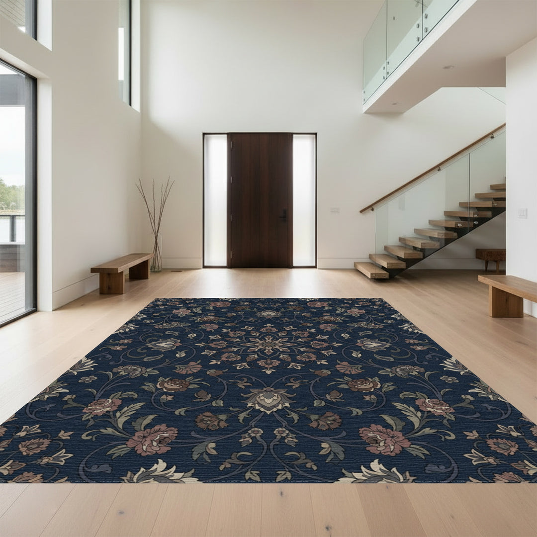 Deep Blue Floral Medallion Scroll Rug