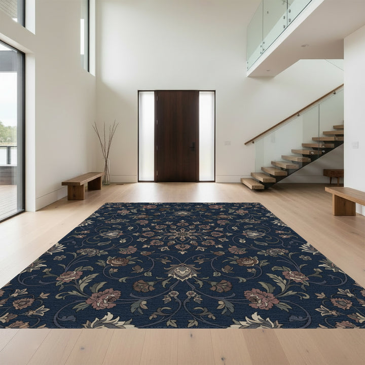 Deep Blue Floral Medallion Scroll Rug