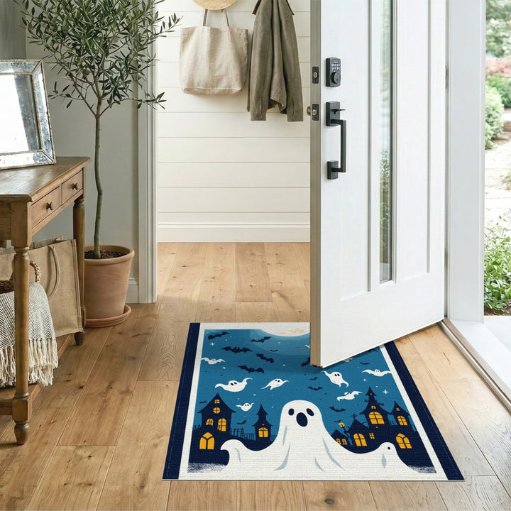Halloween Ghosts and Bats Blue Area Rug
