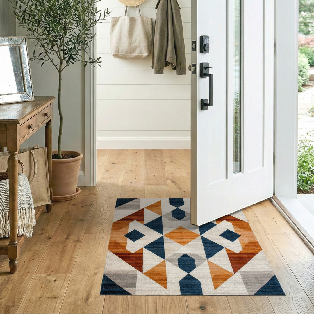 Navy Geometric Diamond Area Rug with Orange Accents