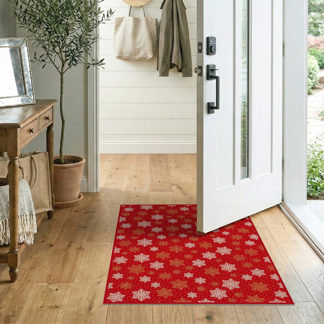 Red Snowflake Geometric Area Rug