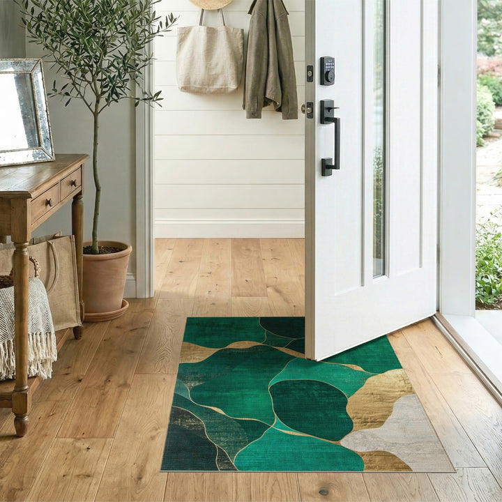 Green Abstract Area Rug with Gold Accents