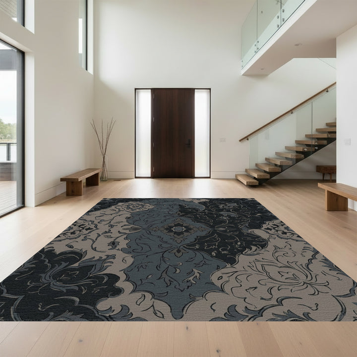 Charcoal Slate Floral Patchwork Medallion Rug