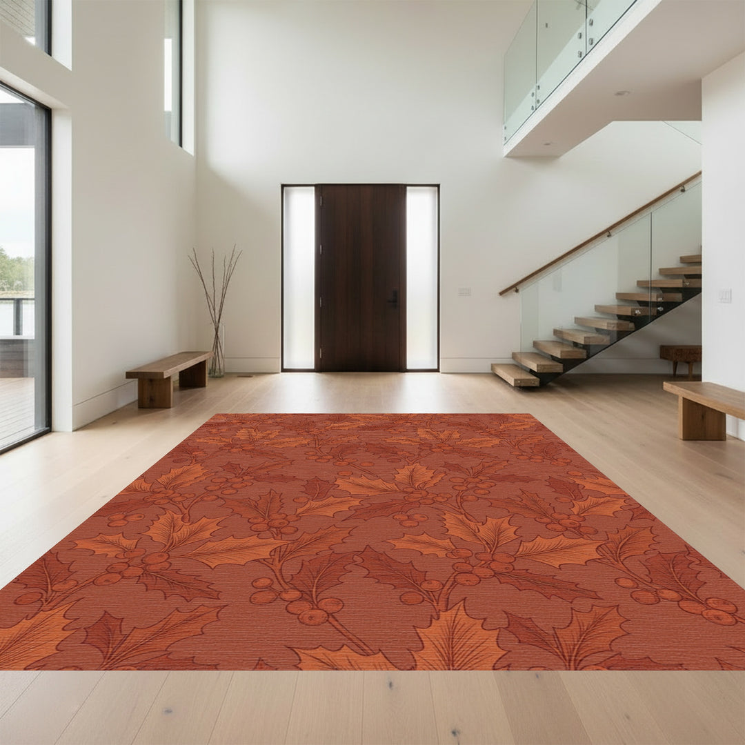 Warm Terracotta Holly Berry Branches Rug