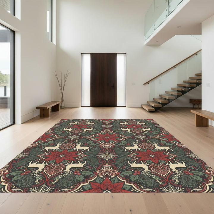 Vintage Christmas Reindeer Poinsettia Ornament Rug