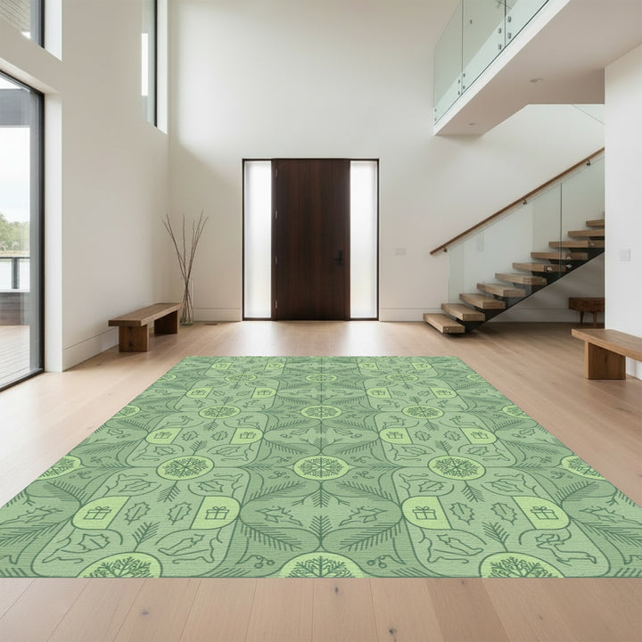 Winter Green Holly and Reindeer Snowflakes Rug