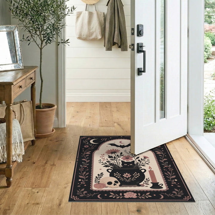 Pink Mystical Black Cat Cauldron Area Rug