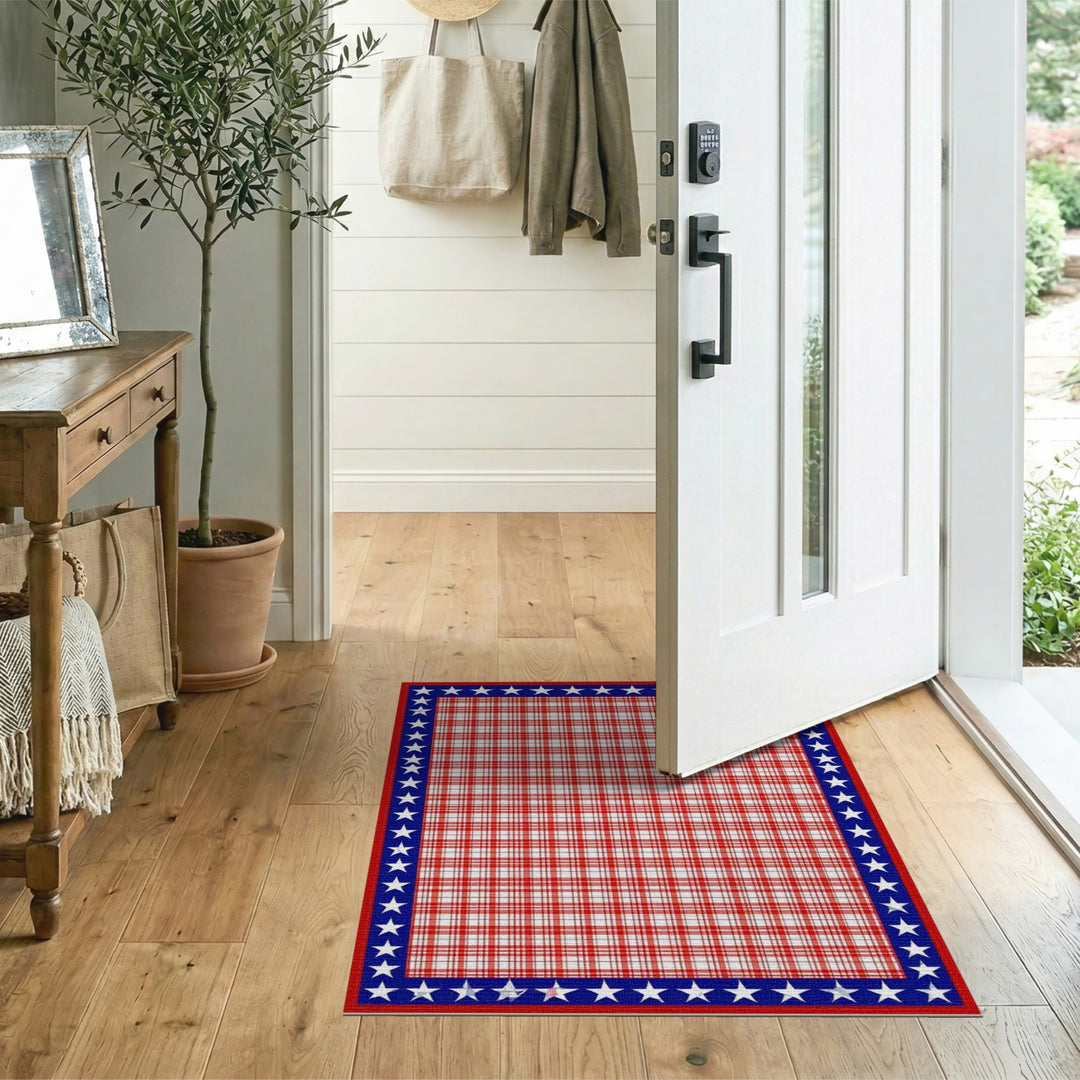 Red Plaid Rug with Blue Star Border