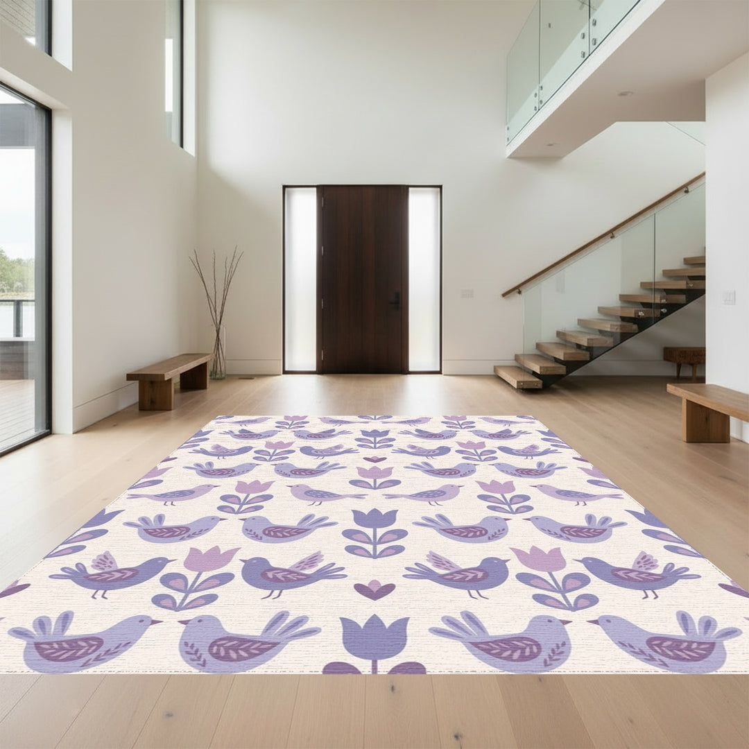 Whimsical Purple Bird Tulip Garden Rug