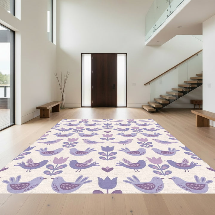 Whimsical Purple Bird Tulip Garden Rug