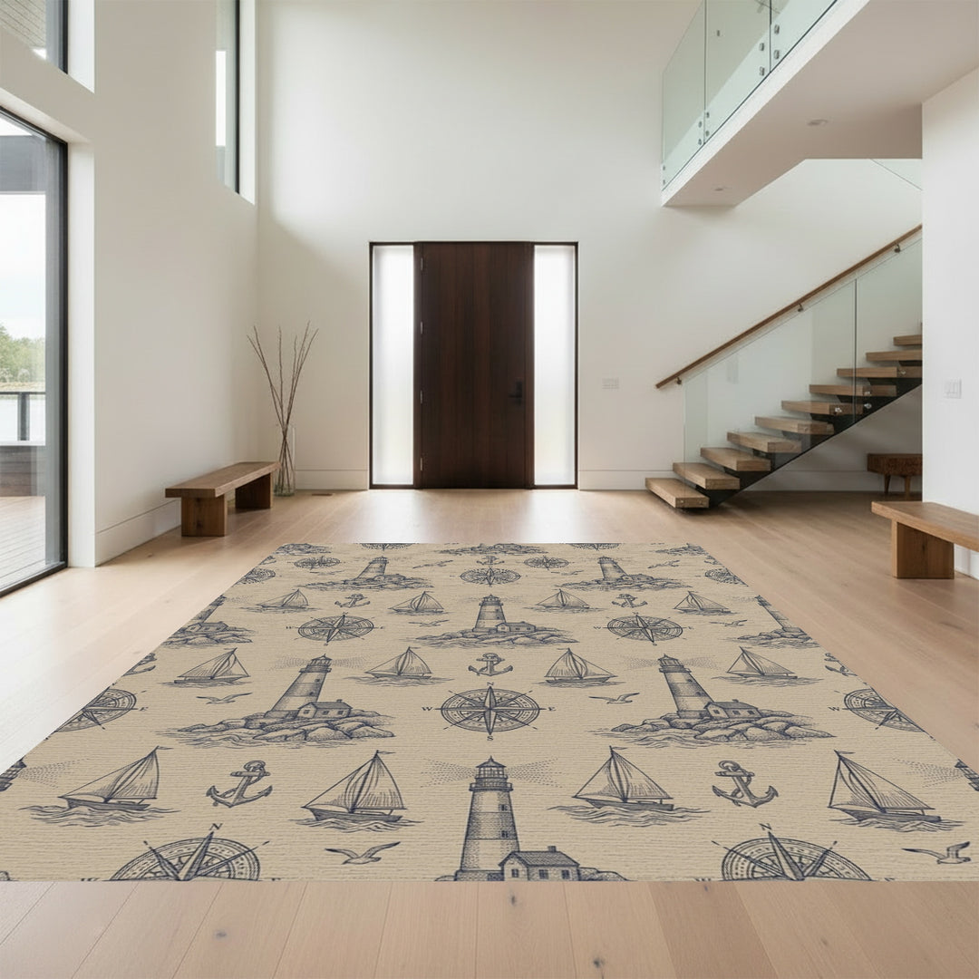 Nautical Adventure Lighthouse Sailboat Compass Rug