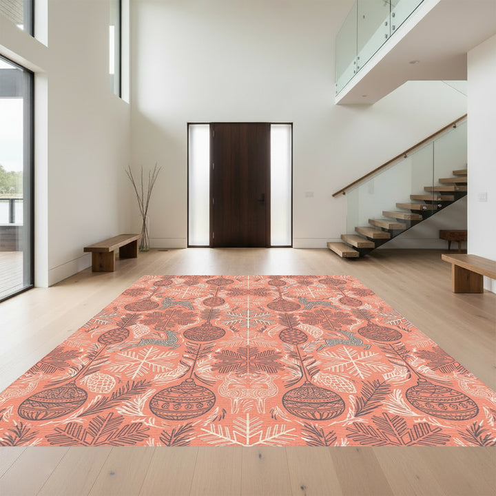 Coral Reindeer Snowflake Ornament Tree Rug