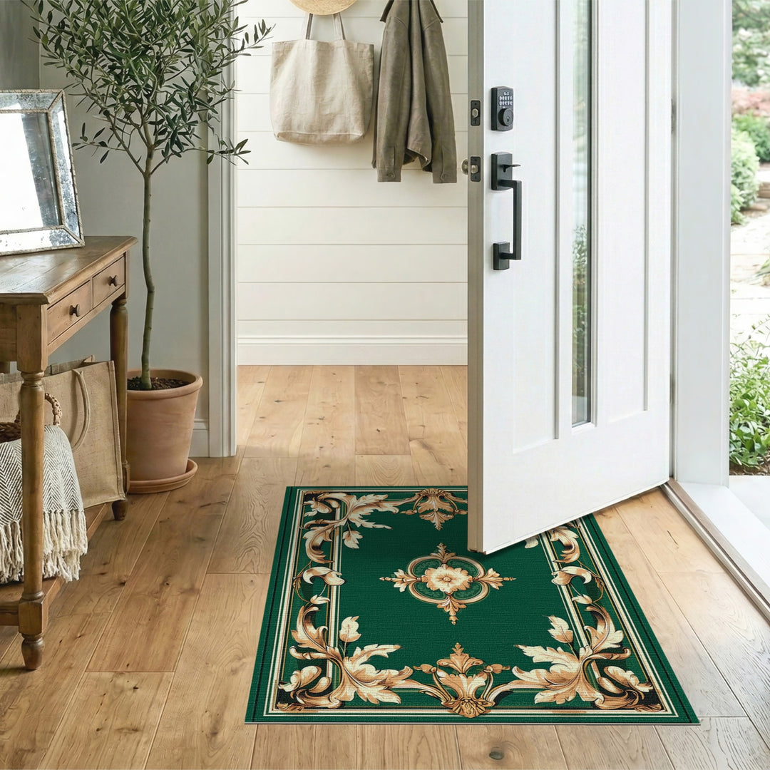 Ornate Gold Floral Medallion Green Area Rug