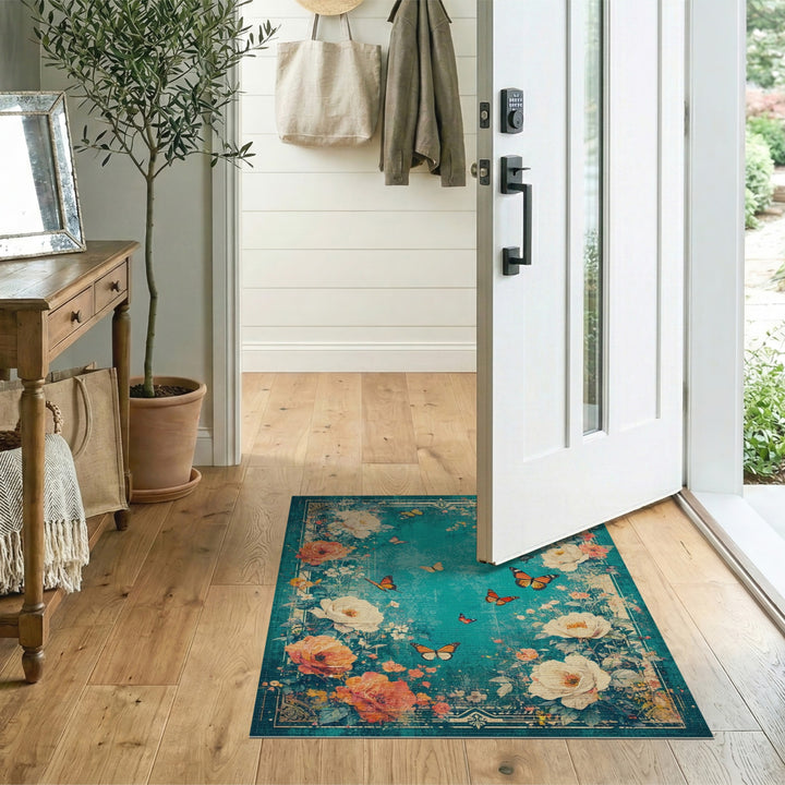 Distressed Teal Floral Vintage Area Rug with Butterflies