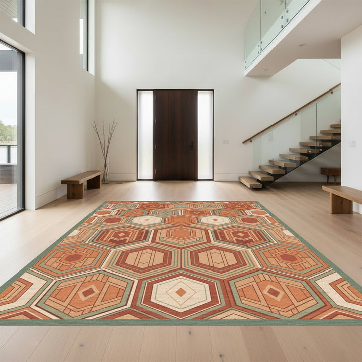 Terracotta Sage Hexagon Geometric Layers Rug