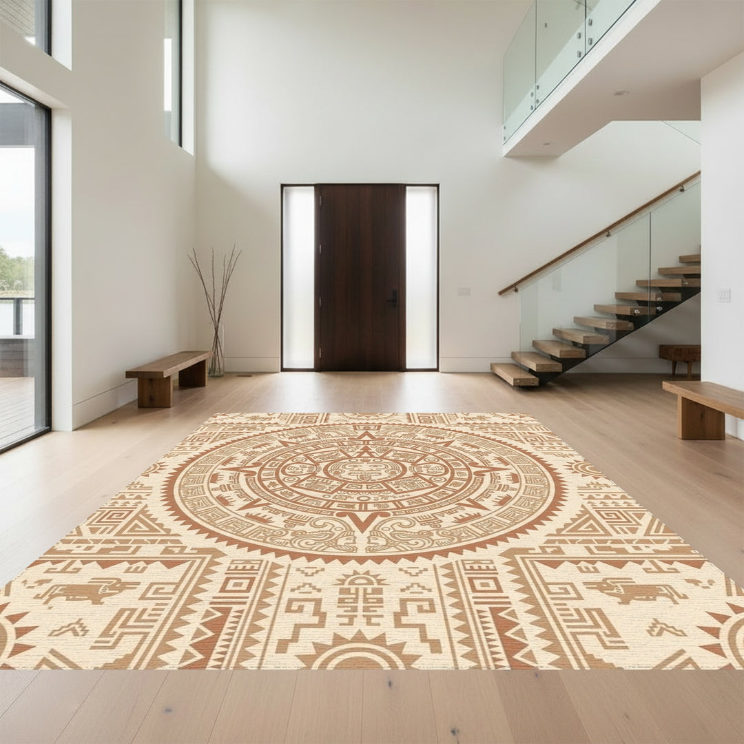 Ancient Sun Calendar Brown Geometric Rug
