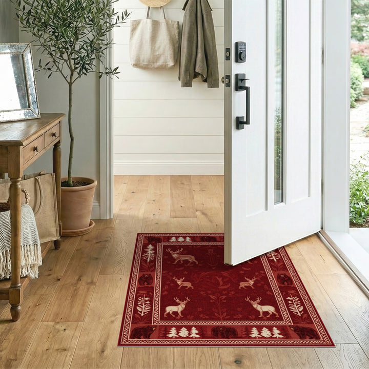 Red Rustic Bear Deer Woodland Area Rug