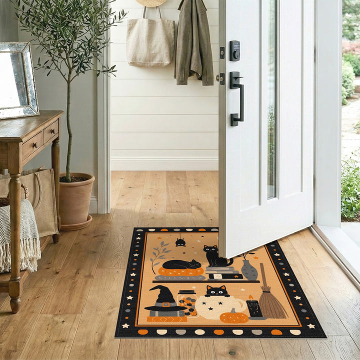 Multi-color and Patterns Black Cat Halloween Washable Area Rug