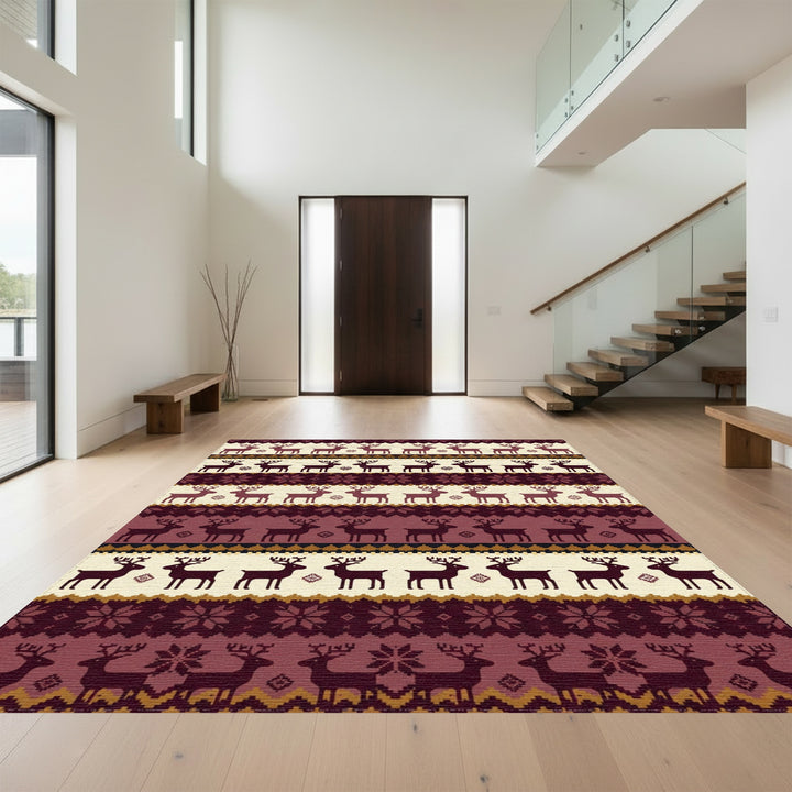 Warm Burgundy Reindeer Nordic Stripe Rug