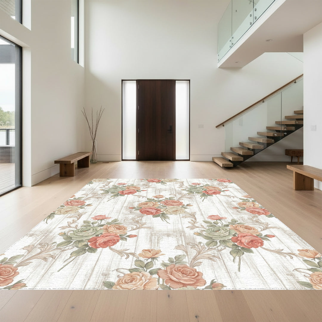 Vintage Rose Floral Wood Grain Arrangement Rug