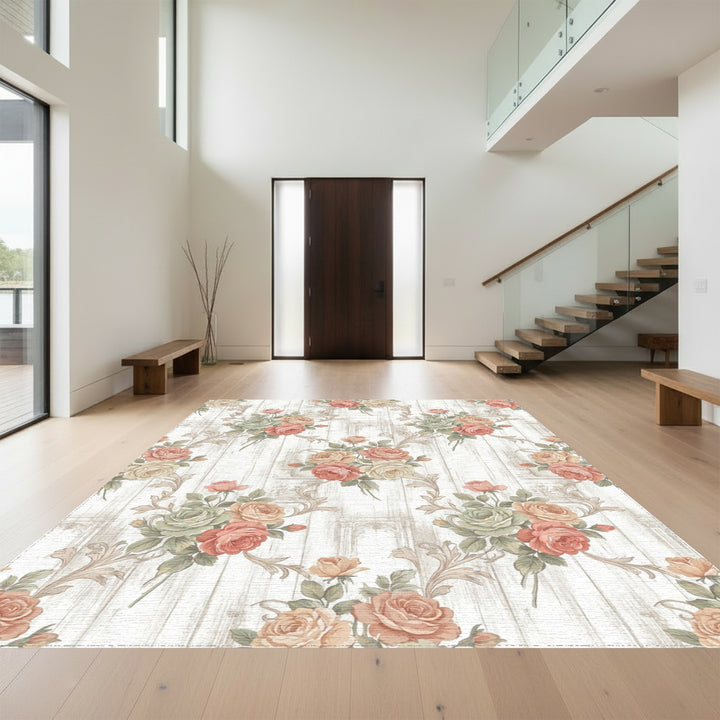 Vintage Rose Floral Wood Grain Arrangement Rug