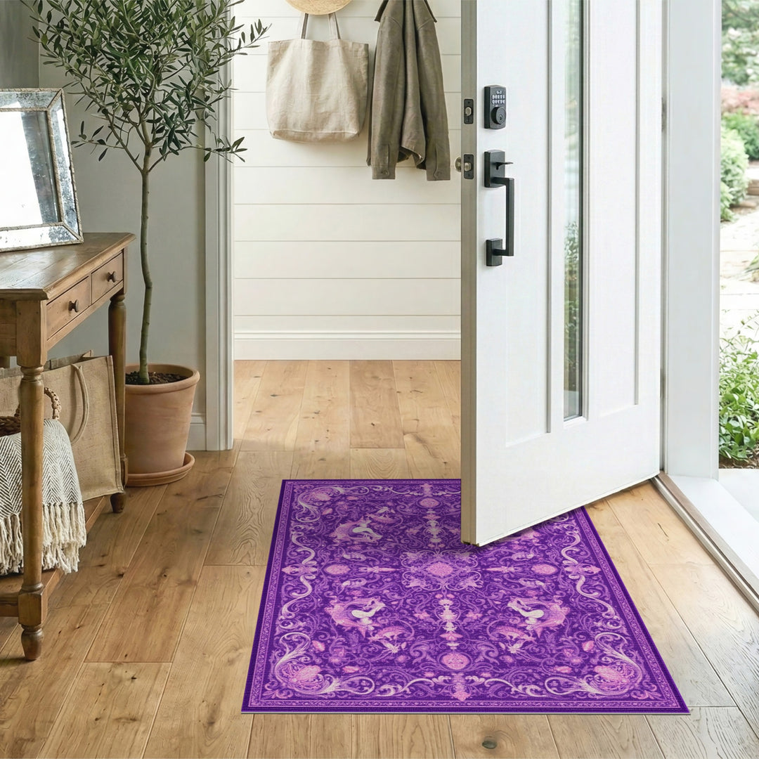 Purple Floral Unicorn Washable Area Rug