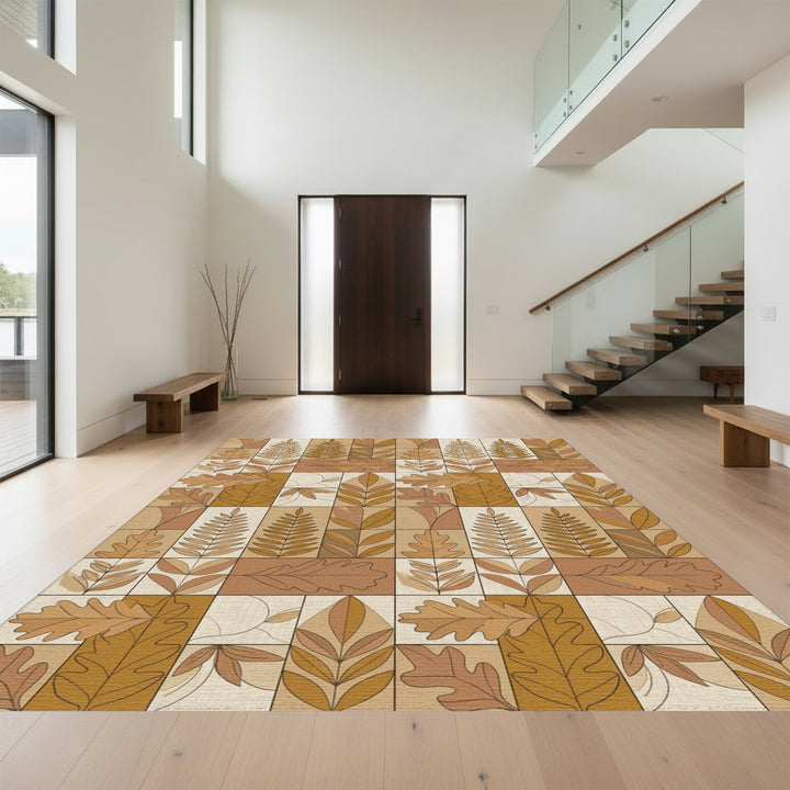 Earthy Autumn Leaf Block Print Rug