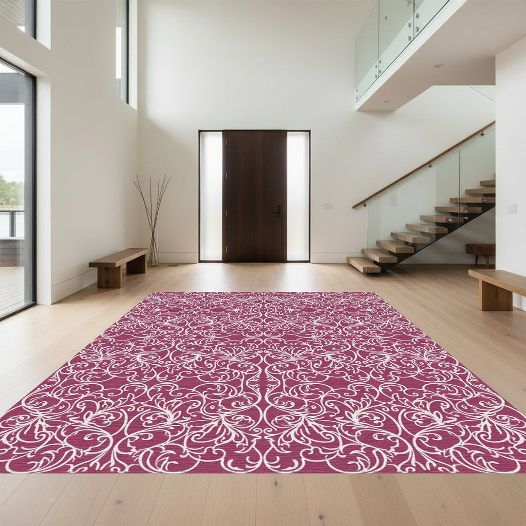 Crimson White Floral Damask Rug