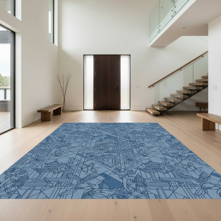Blue Pagoda Birds Botanical Geometric Rug