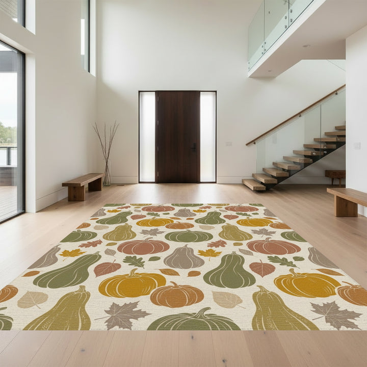 Earthy Pumpkin Squash Fall Leaf Arrangement Rug
