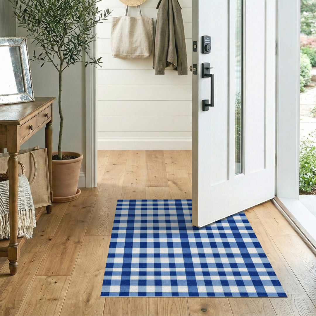 Rustic Farmhouse Blue Gingham Checkered Area Rug