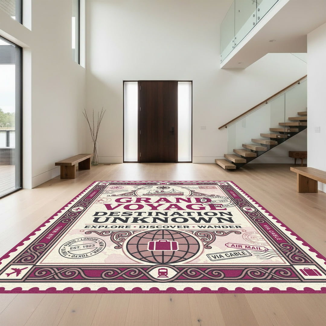 Vintage Burgundy Ship Globe Stamp Rug