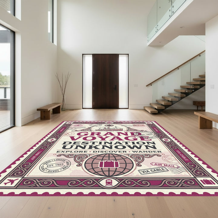 Vintage Burgundy Ship Globe Stamp Rug